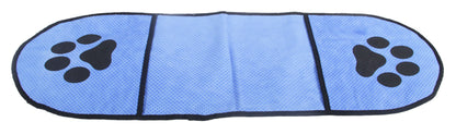 Microfiber pet drying towel in blue with paw-print panels and stitched center sections