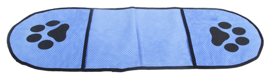 Microfiber pet drying towel in blue with paw-print panels and stitched center sections