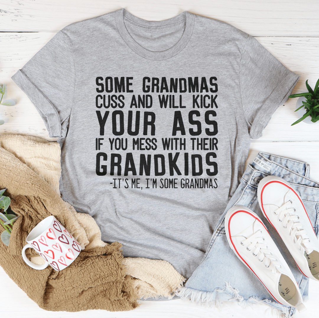 Gray graphic T-shirt with front slogan "YOUR ASS" and "grandkids" text