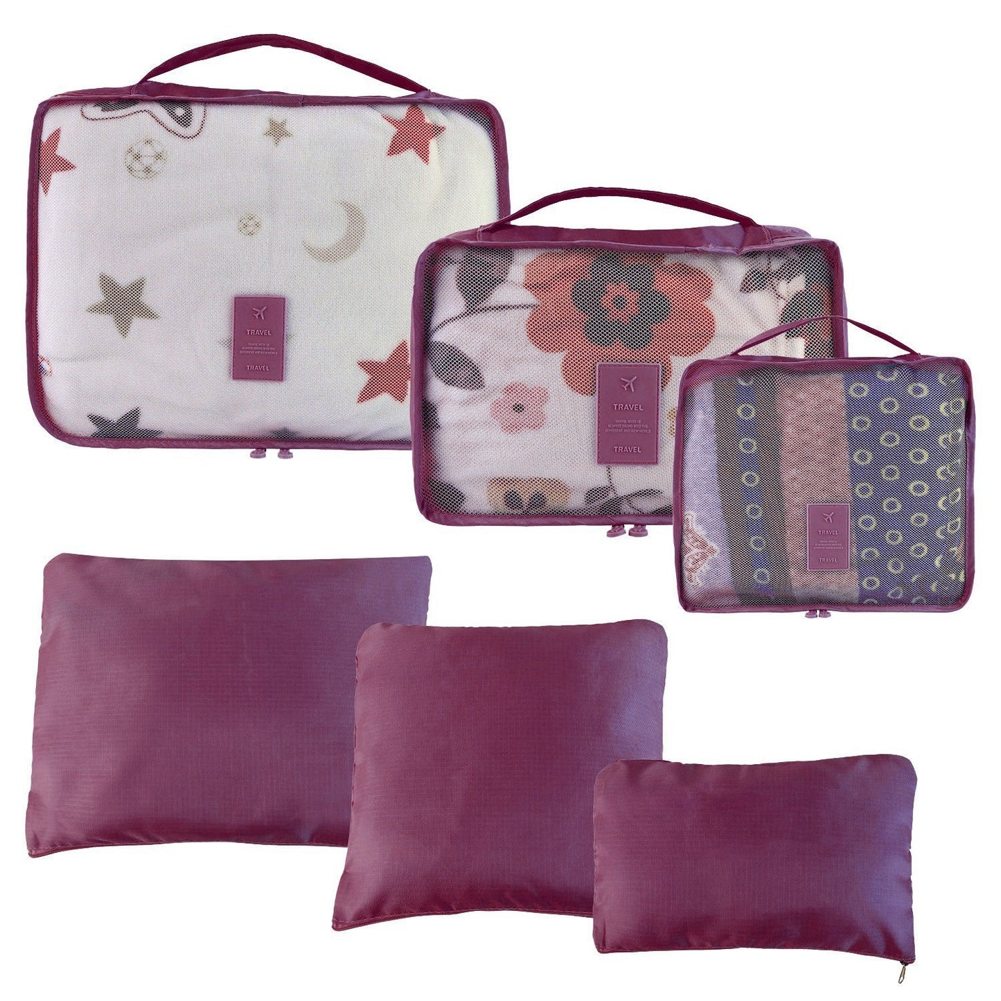 Water-resistant packing cube set with patterned zippered bags and square pouches in purple tones.