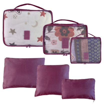 Water-resistant packing cube set with patterned zippered bags and square pouches in purple tones.