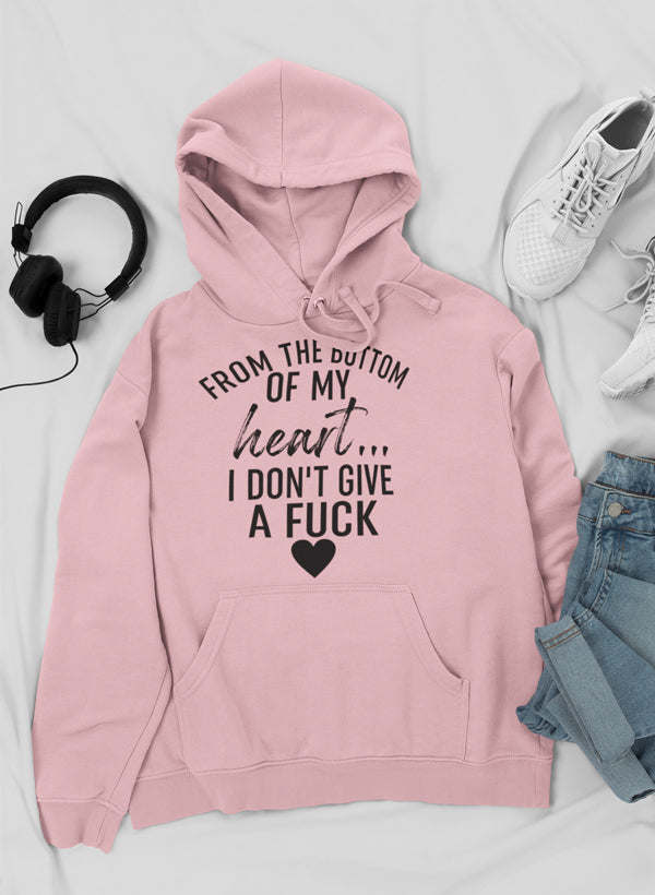 Pink pullover hoodie with front graphic text, heart, and kangaroo pocket.