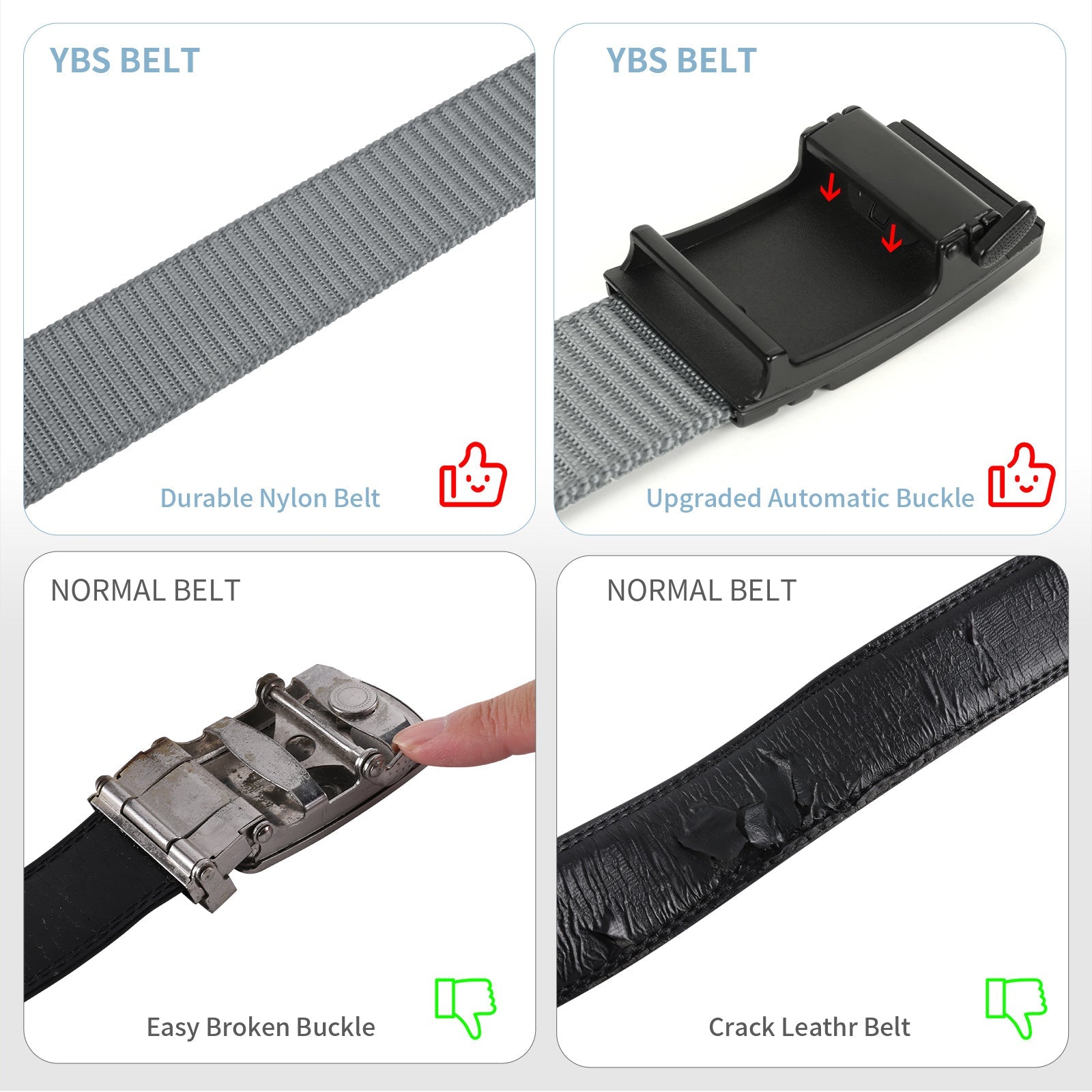Gray nylon ratchet golf belt with black automatic slide buckle, belt and buckle close-up
