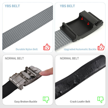 Gray nylon ratchet golf belt with black automatic slide buckle, belt and buckle close-up