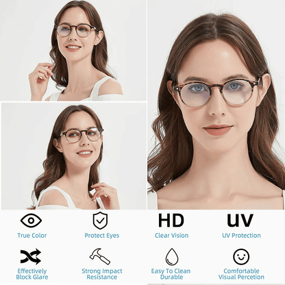 Woman wearing tortoiseshell round reading glasses with clear lenses and slim arms