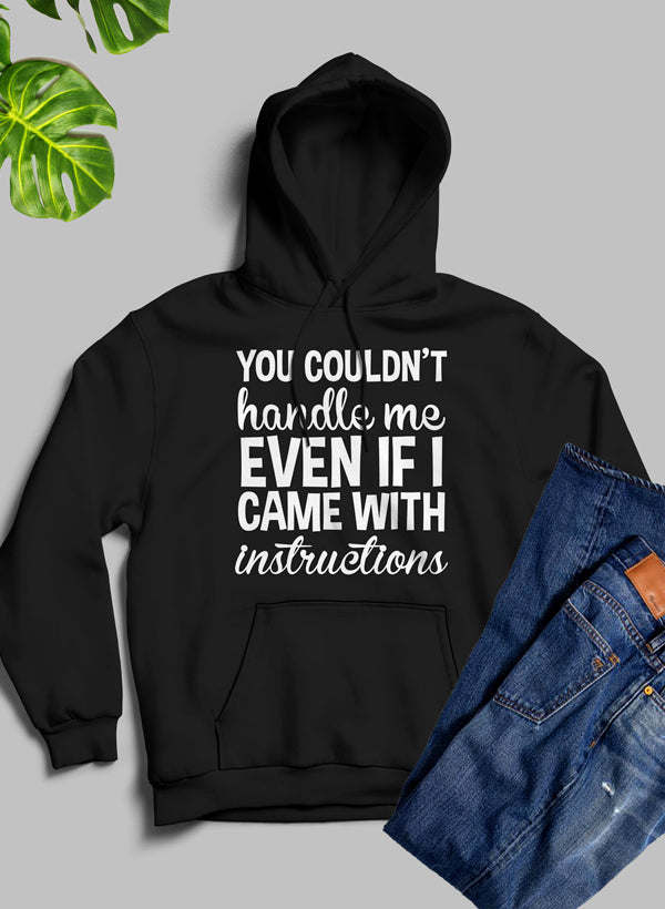 Black pullover hoodie with drawstring hood, bold chest slogan text.