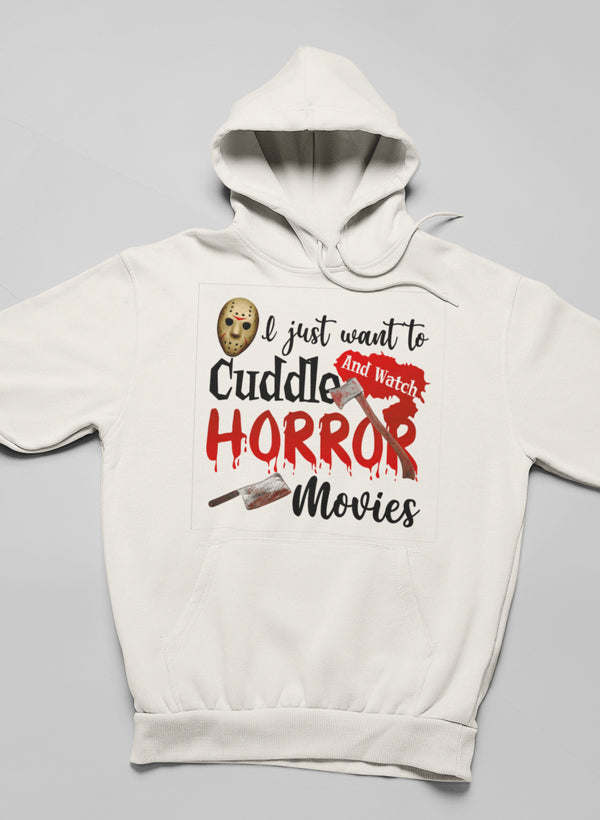 White horror graphic hoodie with kangaroo pocket and drawstring hood
