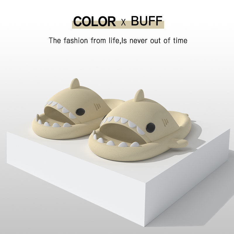 Buff beige shark slide sandals with EVA body, open toe and tooth trim