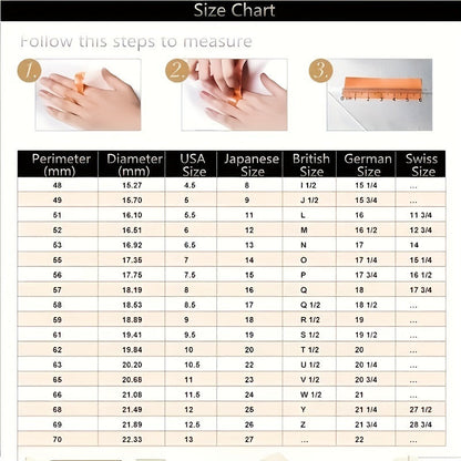 Ring size chart table showing perimeter, diameter, and size options
