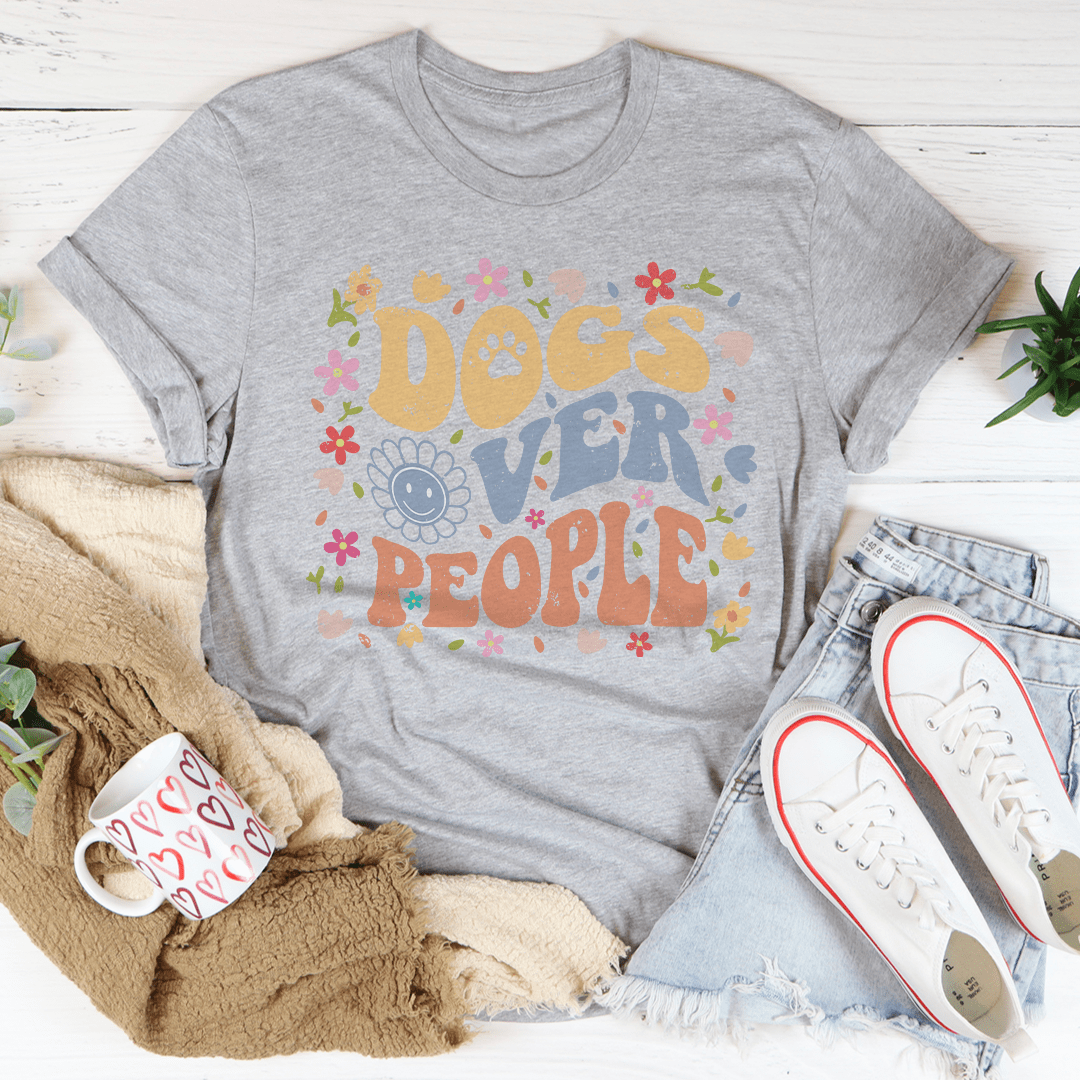 Heather gray T-shirt with 'Dogs over People' floral paw-print graphic, crew neck