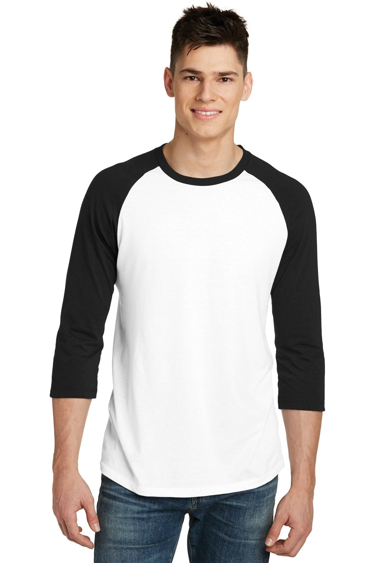 Black raglan tee with white front, 3/4 sleeves, crew neck contrast trim