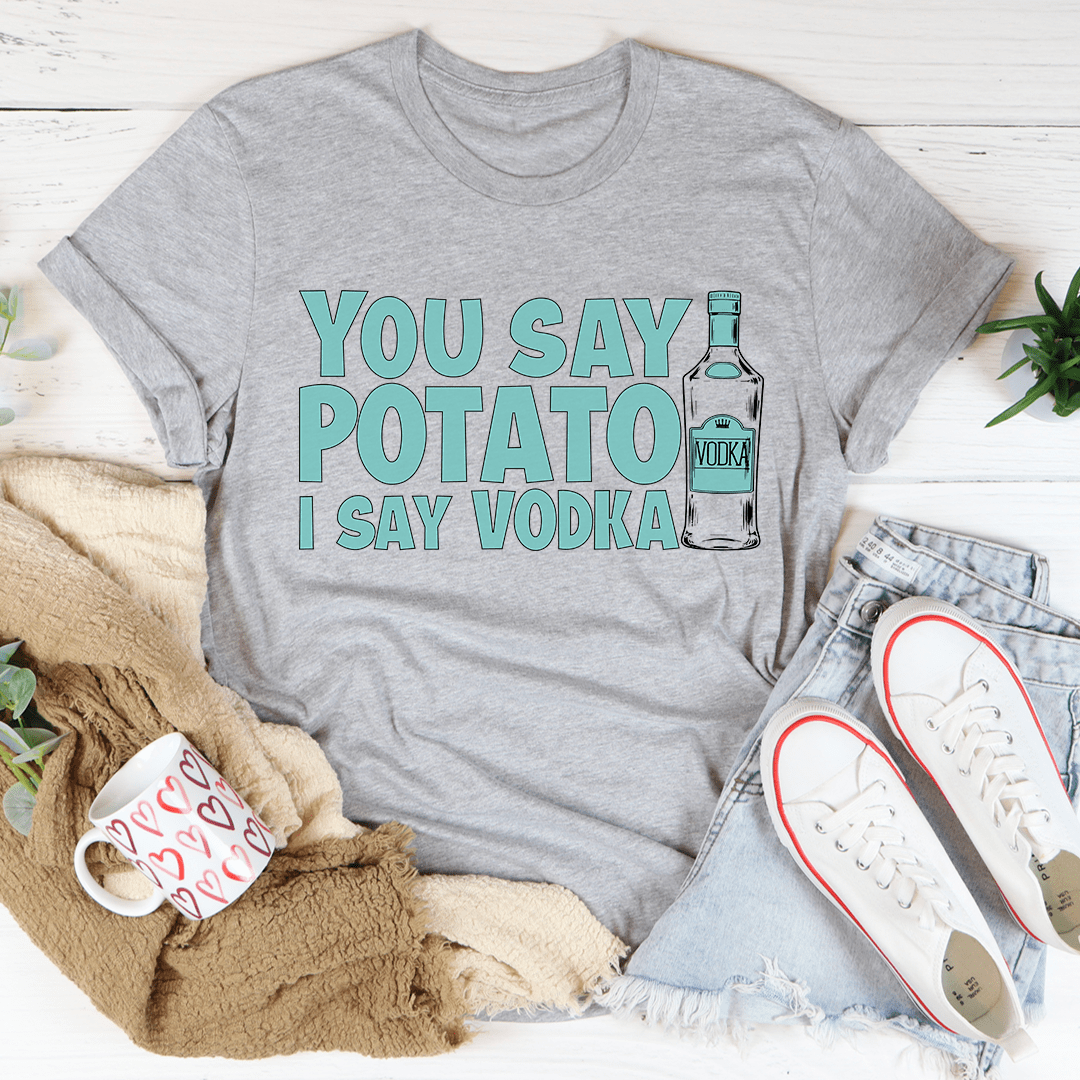 Heather gray crew-neck graphic t-shirt featuring teal potato text and vodka bottle print.