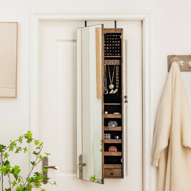 Mirrored jewelry organizer cabinet with full-length glass door and vertical storage shelves