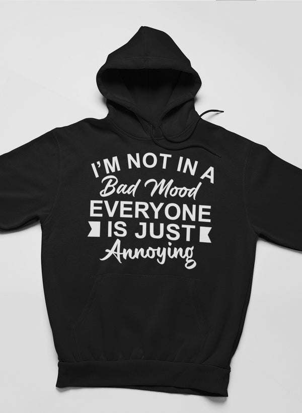 Black hoodie featuring a large front typography print and drawstring hood