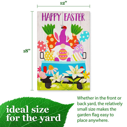 Garden Flag Happy Easter Rabbit Gnome in Truck 12x18 inch Blockout Fabric Double Sided
