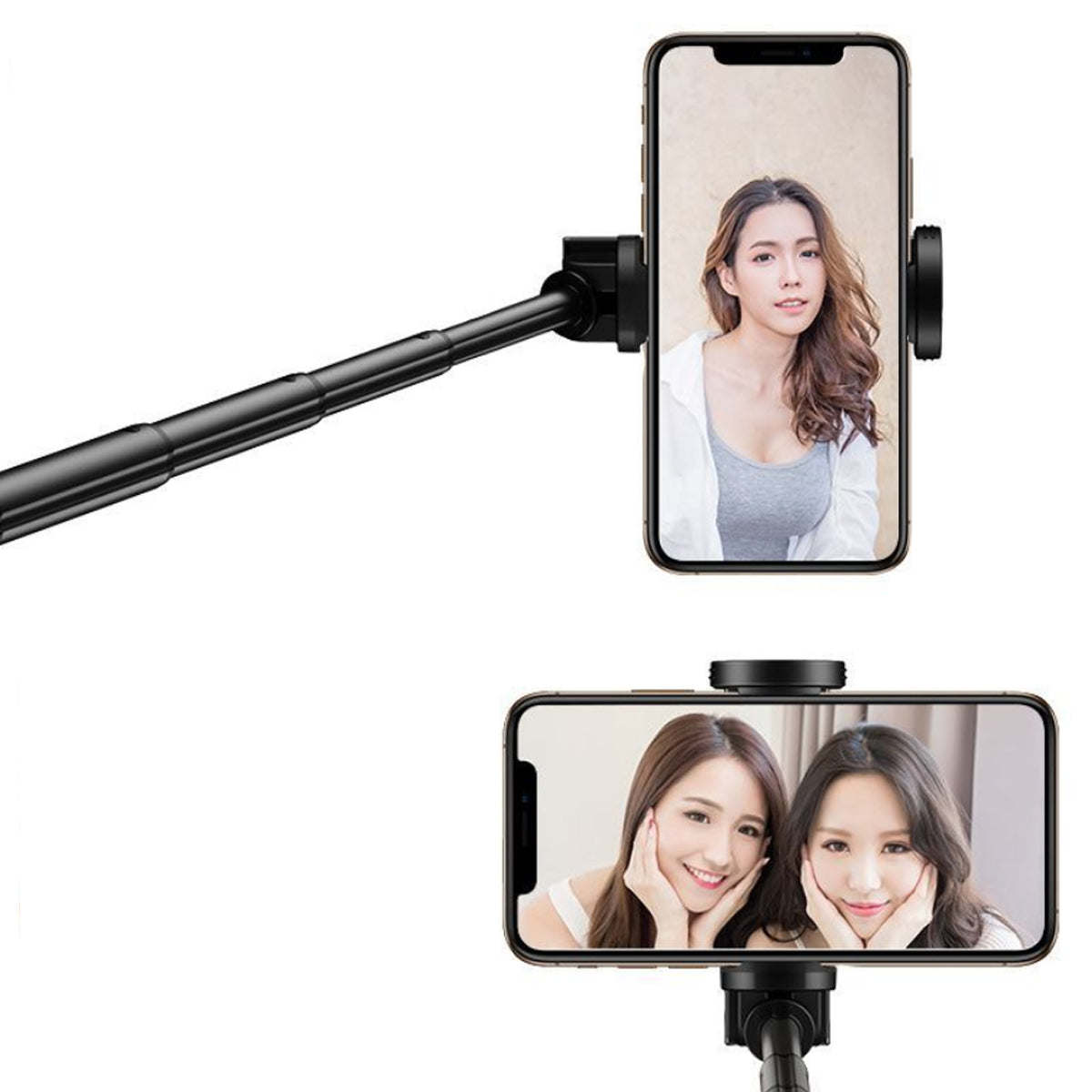 Mini selfie stick holding a smartphone for front and selfie photos.