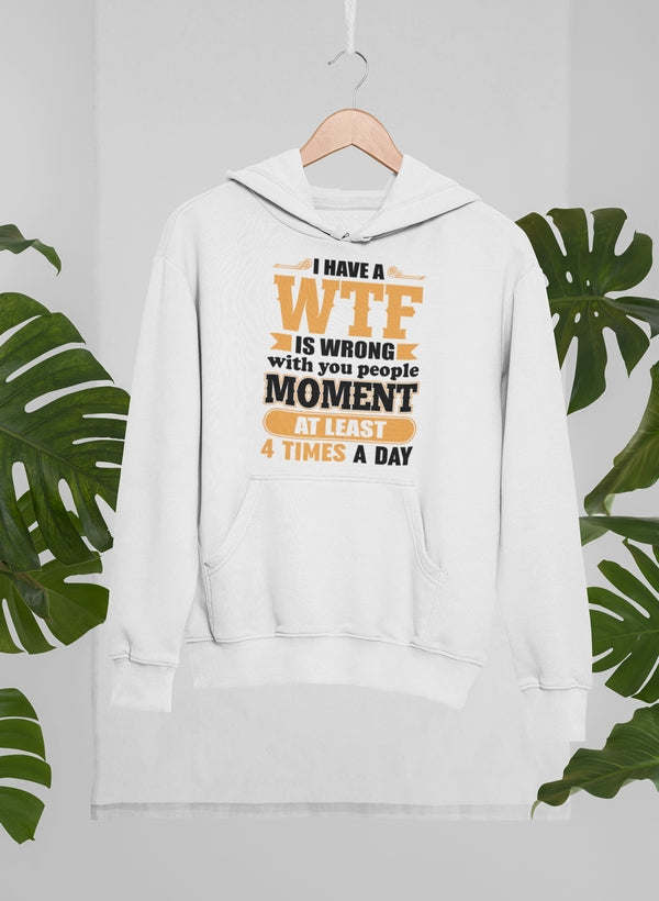 White hoodie with 'WTF' slogan print, hood, and front pocket