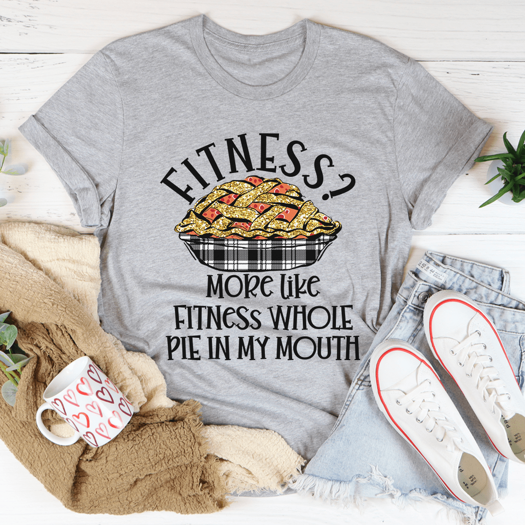 Gray crewneck t-shirt with centered pie-in-bowl print and slogan