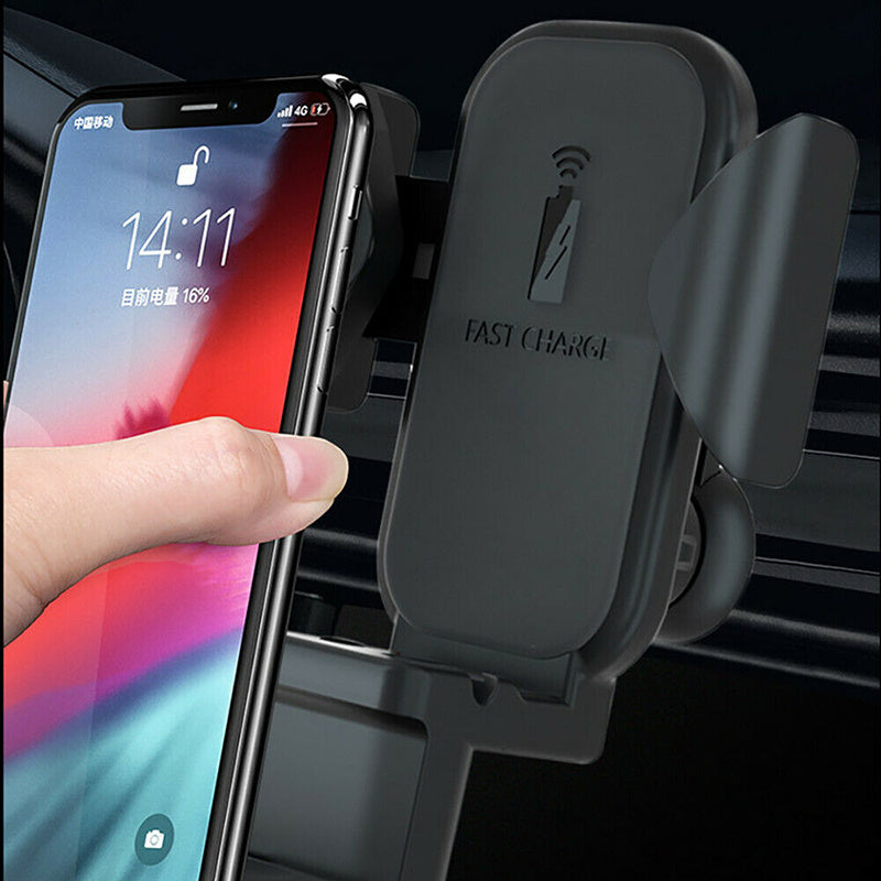 Wireless phone charger mount in car dashboard holding a phone in a cradle, dark grey