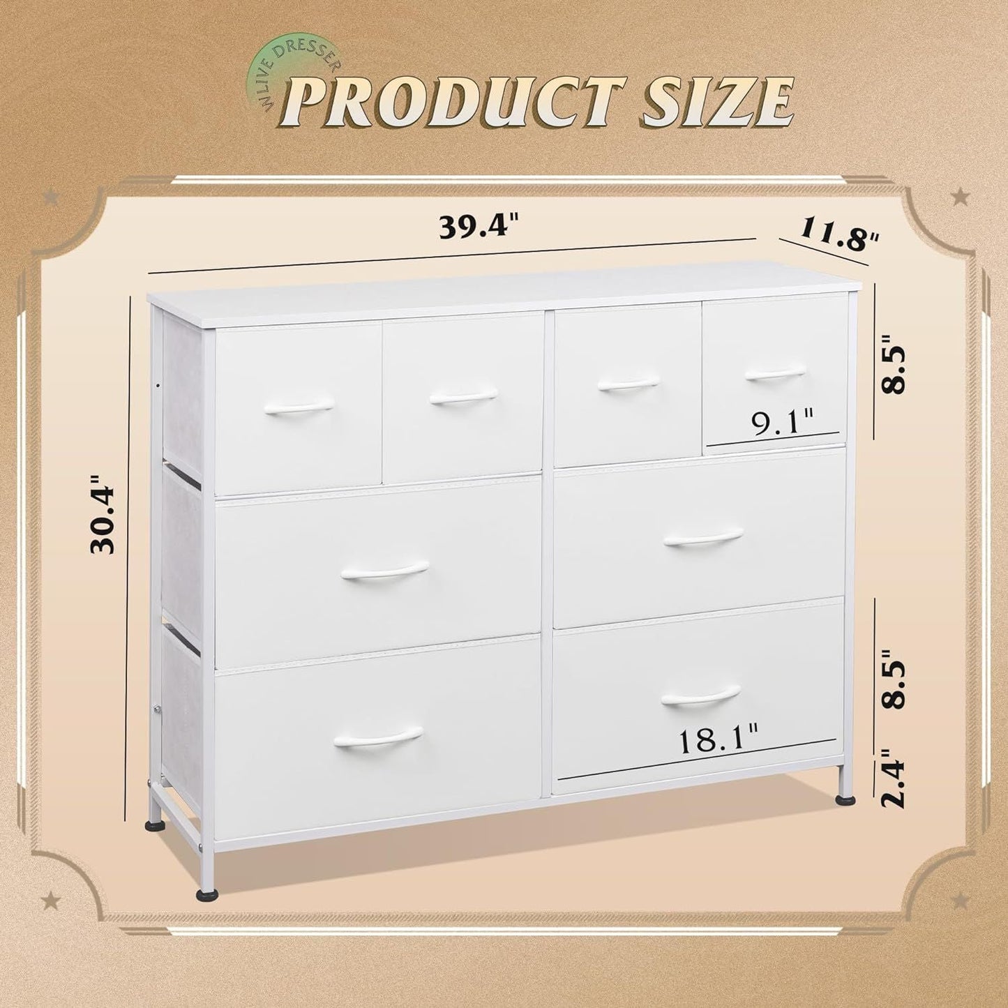 Dresser for Bedroom with 8 Drawers, Wide Fabric Dresser for Storage and Organization, Chest of Drawers, Dressers for Living Room, Closet, Hallway, Dark Grey