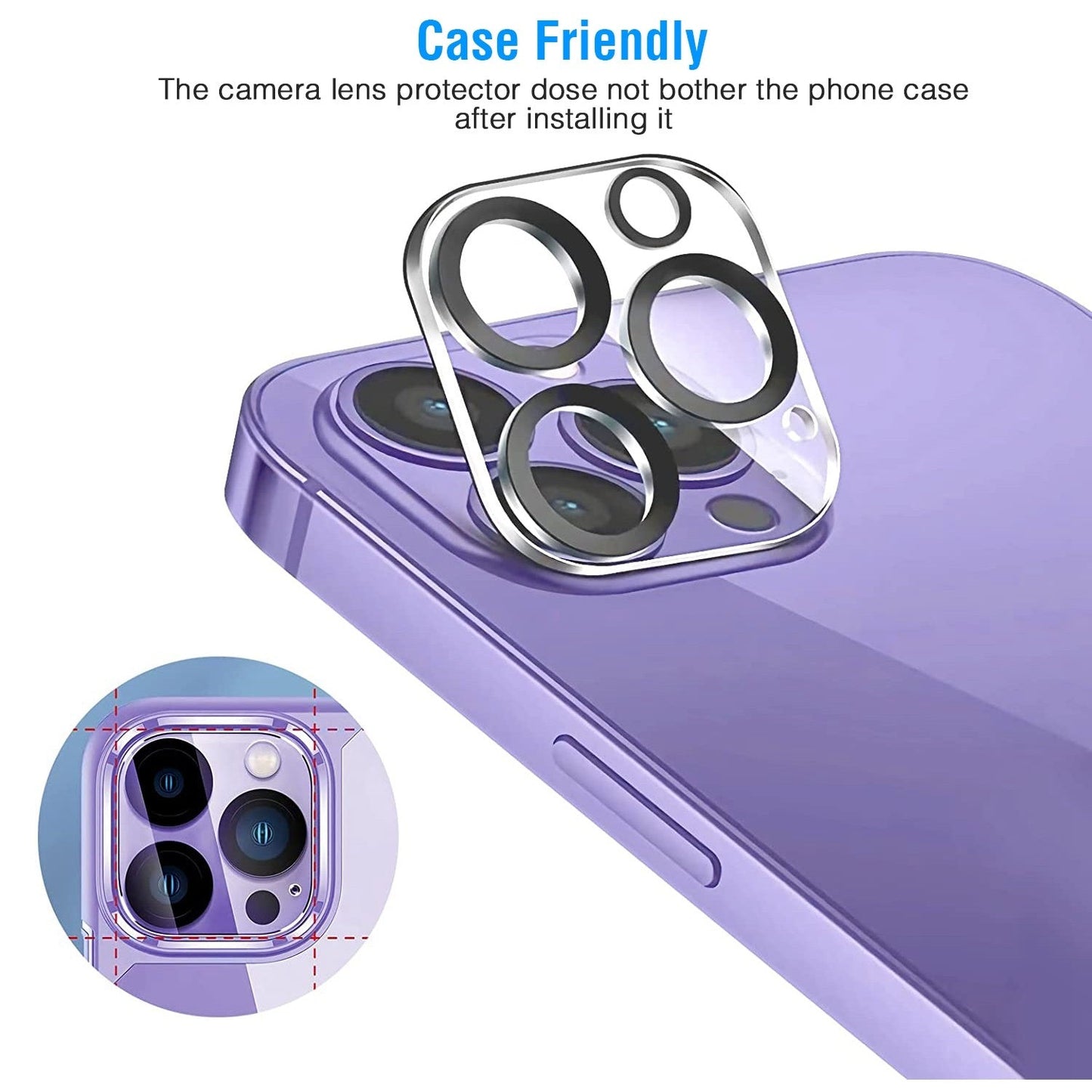 Case-friendly tempered glass camera lens protectors on phone, visible cutout alignment