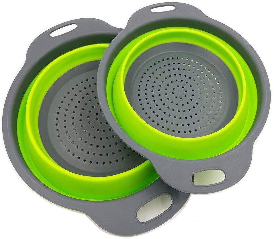 Collapsible silicone colander set of 2, green inner baskets with gray outer rims