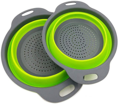 Collapsible silicone colander set of 2, green inner baskets with gray outer rims