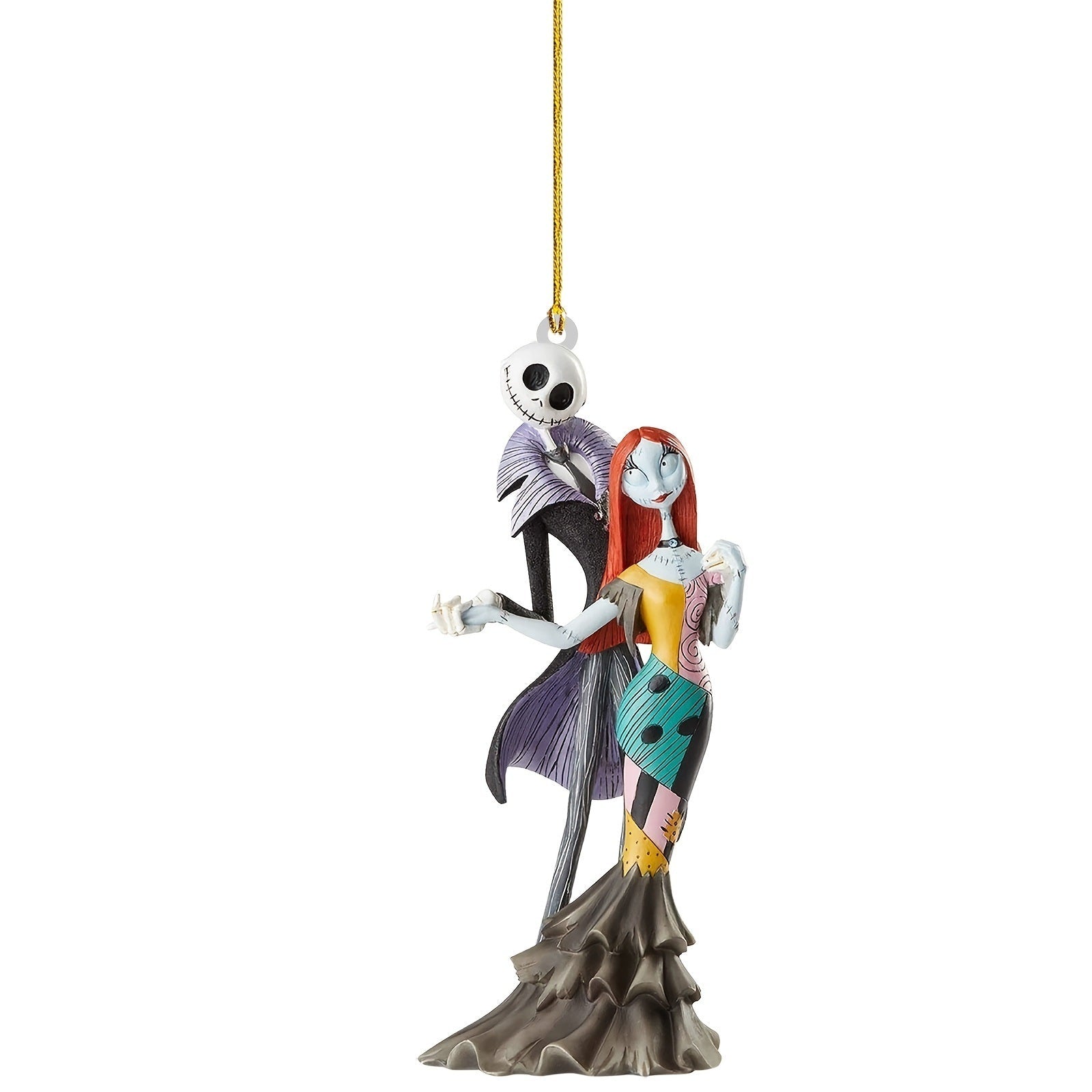Acrylic pendant doll ornament of a dark purple skeleton girl with a hanging gold loop.
