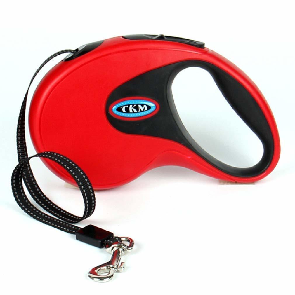 Retractable pet leash with red shell, black trim, grey cord, and metal clip.