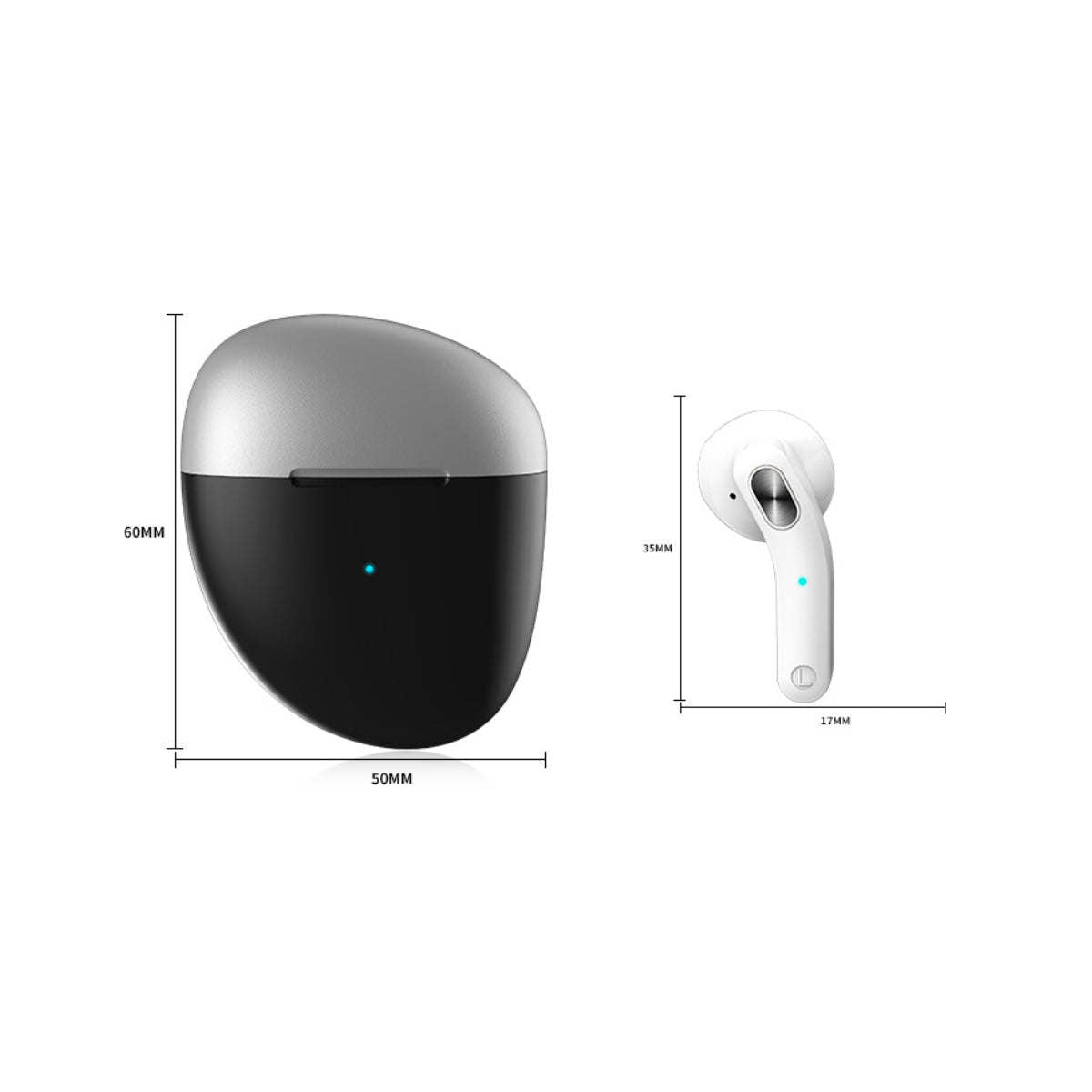 Size diagram of black charging case and white earbuds with blue indicator and measurements