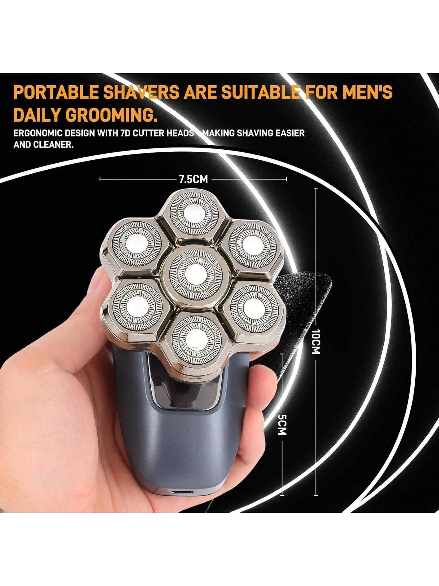 Electric rotary shaver in hand, five circular shaving heads on dark blue body