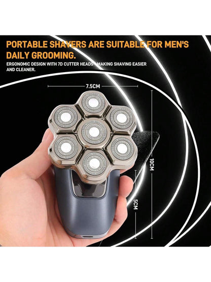 Electric rotary shaver in hand, five circular shaving heads on dark blue body