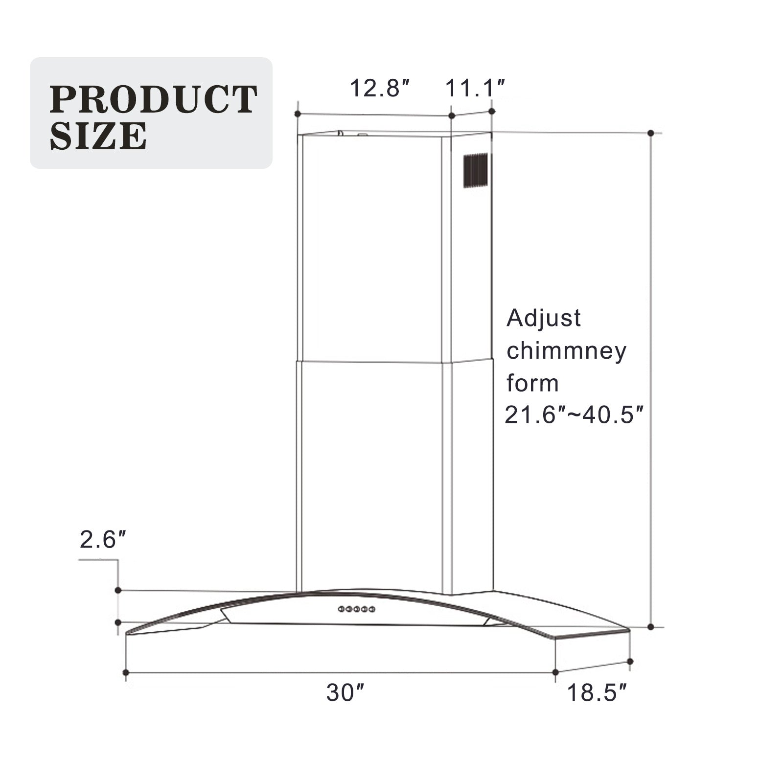 Wall-mounted range hood outline with 30 in width and adjustable chimney height