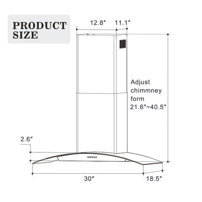 Wall-mounted range hood outline with 30 in width and adjustable chimney height