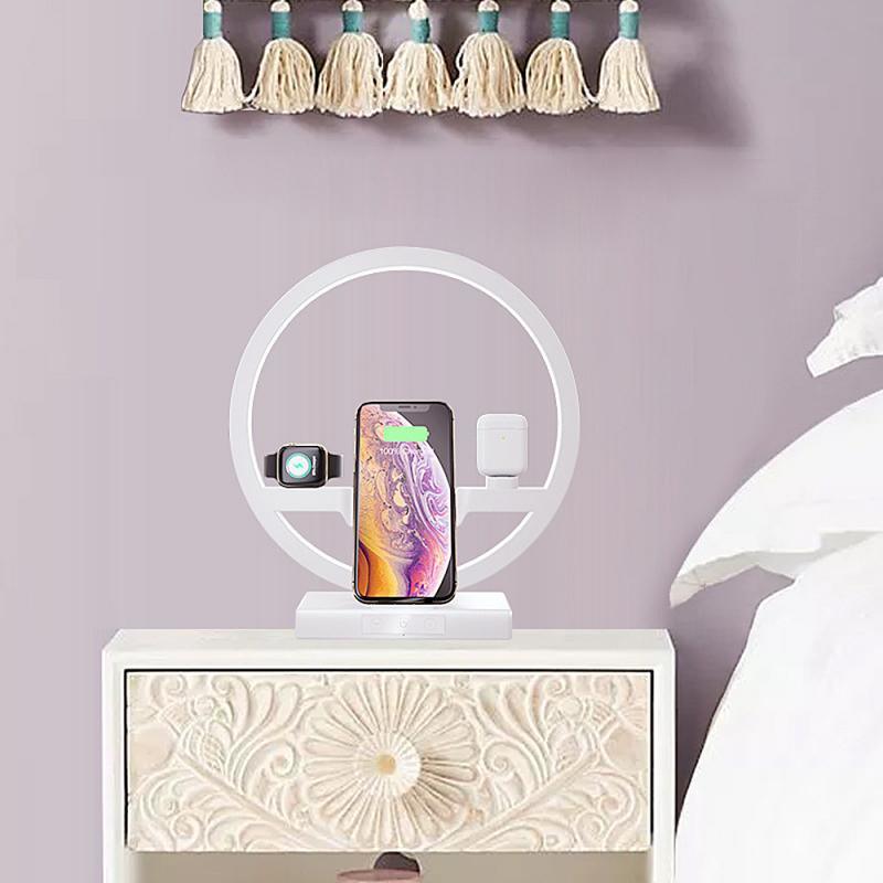 3-in-1 wireless charging stand with ring loop, holding phone and watch