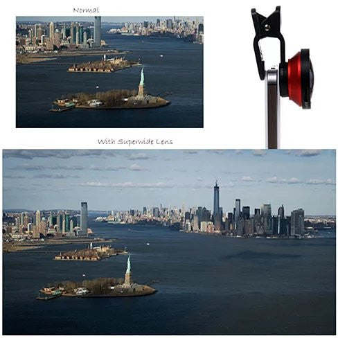 Super wide 0.4x clip-on smartphone lens on stand with red accent ring