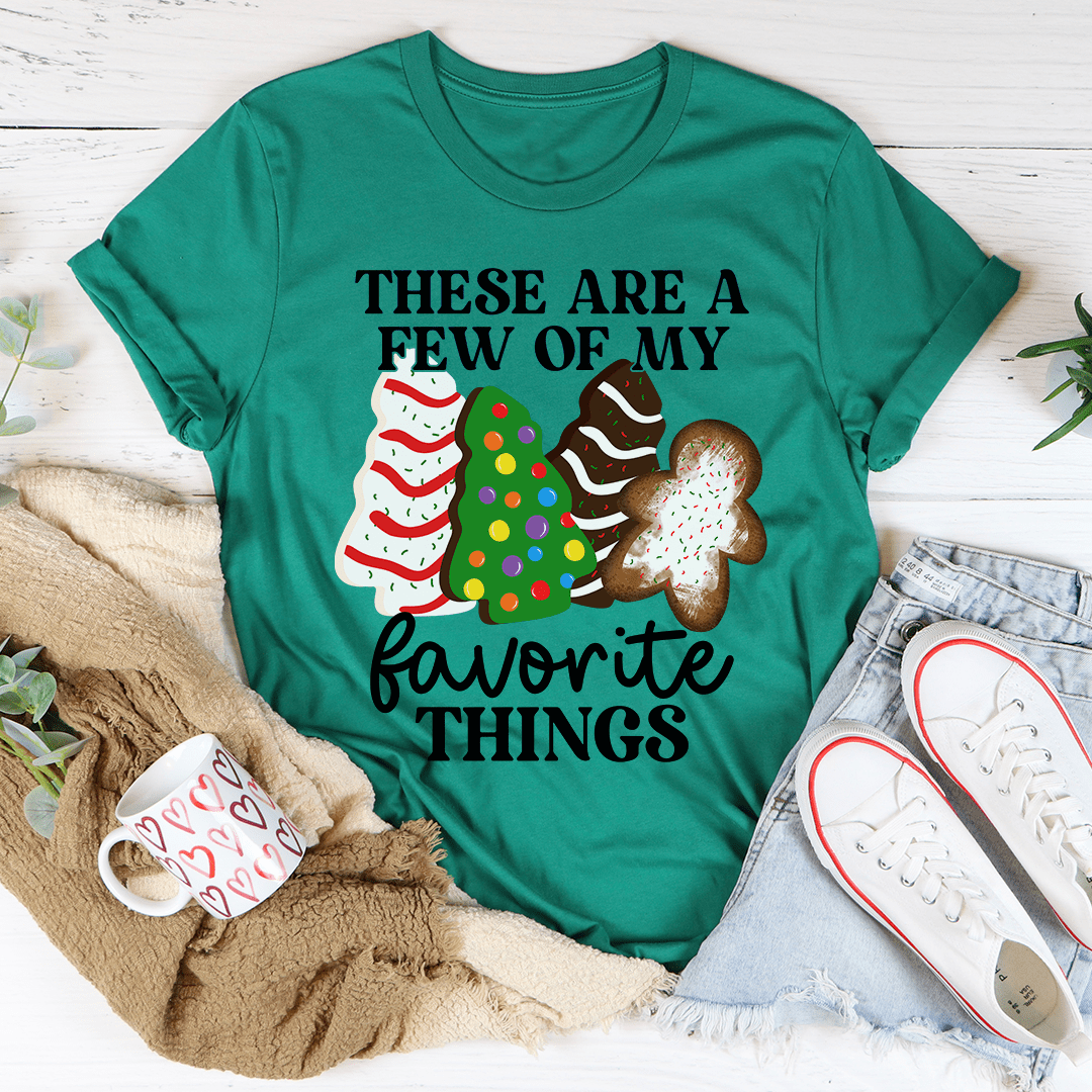 Kelly green T-shirt with 'Favorite Things' holiday text and cookie graphic
