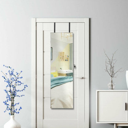 White wall-mounted mirrored jewelry cabinet with interior lights and glass mirror door