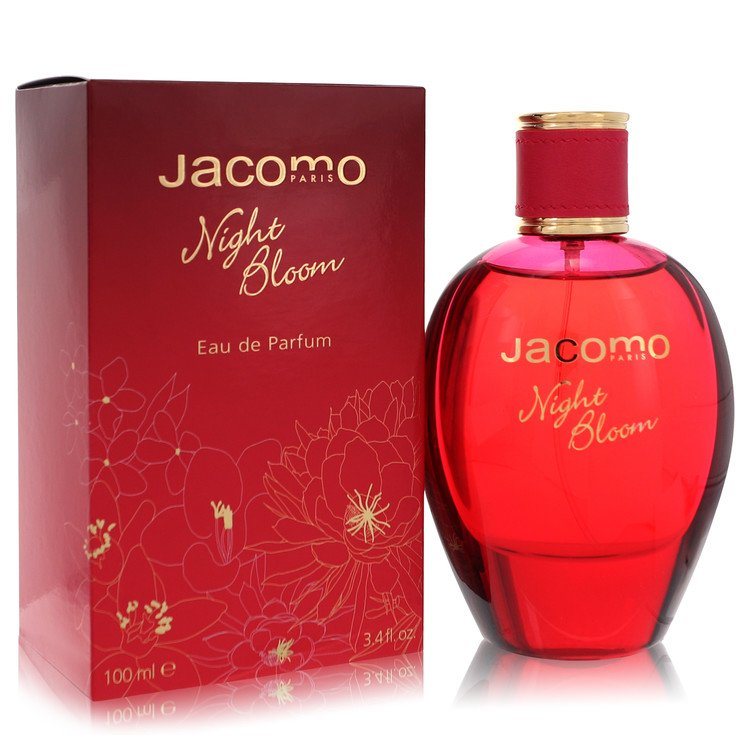 Jacomo Night Bloom eau de parfum bottle with matching box, red glass bottle