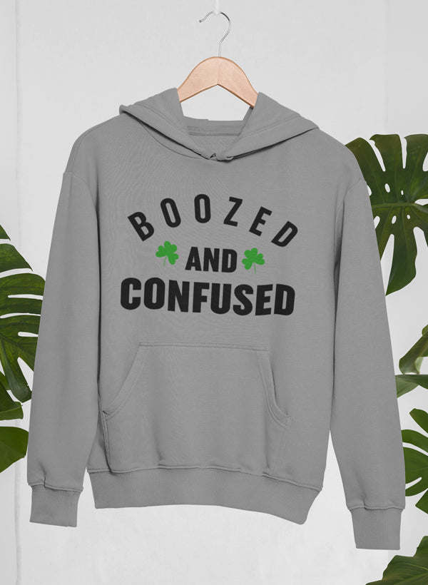 Gray hoodie with kangaroo pocket and bold chest text graphic, pullover hood.