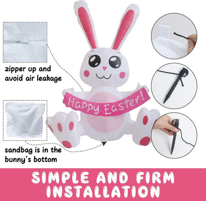 3.8 FT Easter Inflatable Cute Bunny Outdoor Decorations, Easter Blow up Banner Bunny Yard Decorations Build-in Flashing LED Lights, Decorate Outdoor Indoor Garden Lawn Yard.