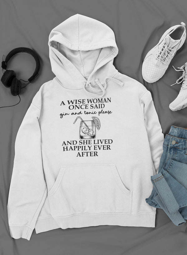 White Gin & Tonic Please hoodie front view with kangaroo pocket detail