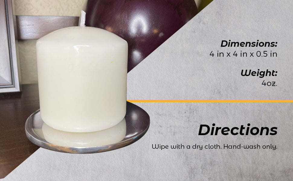 White pillar candle on round metal coaster-style candle holder