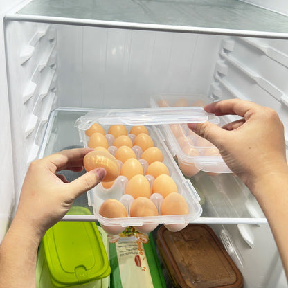 White plastic egg storage box, stackable, clear lid with 18 cavities.