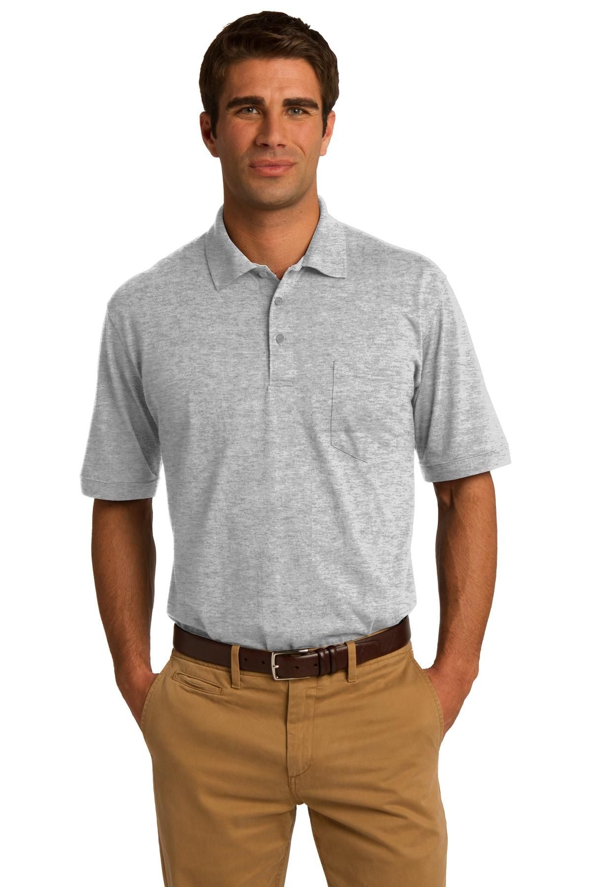 Men's heather gray jersey knit pocket polo shirt with short sleeves