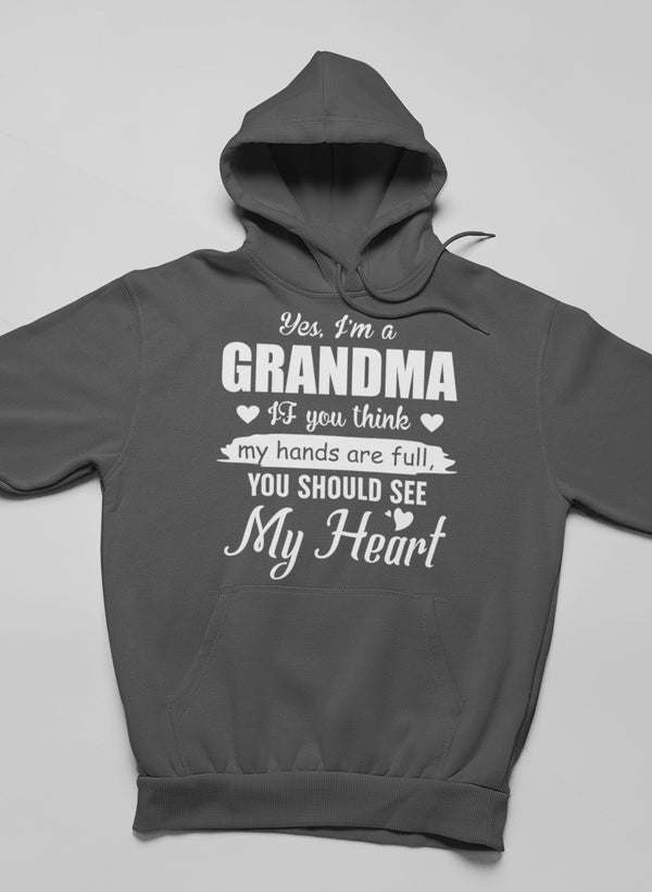 Dark heather hoodie with front hood and large “GRANDMA” graphic text