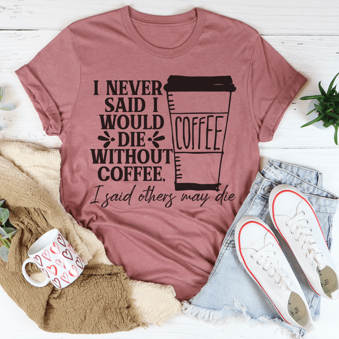 Rose pink T-shirt with coffee cup quote graphic, crew neck, short sleeves