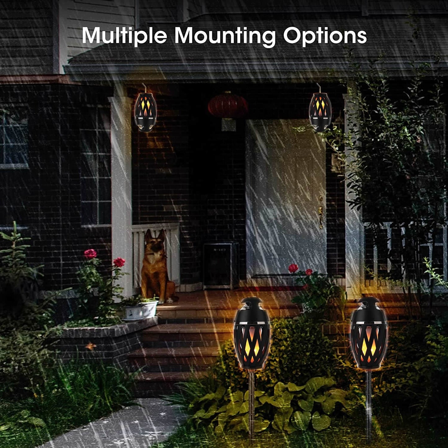 Outdoor LED torch with Bluetooth speaker, black lantern light, mounted in outdoor walkway
