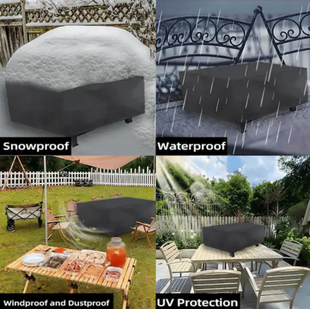 Square black fire pit cover outdoors, fitted over a fire pit with corner ties