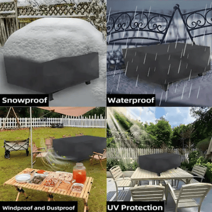 Square black fire pit cover outdoors, fitted over a fire pit with corner ties